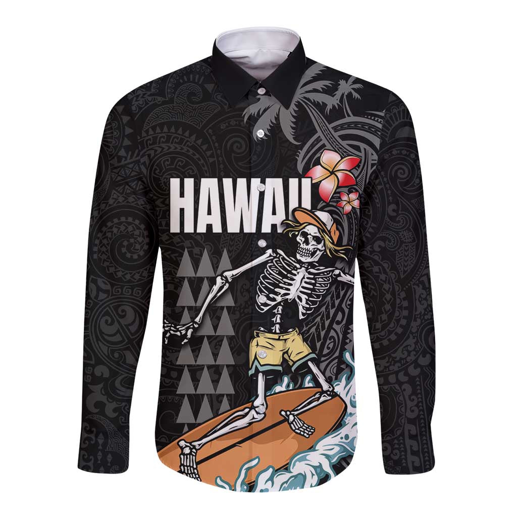 Hawaiian Halloween Skeleton Surfing Long Sleeve Button Shirt Polynesian Tribal Tattoo and Hawaiian Pattern