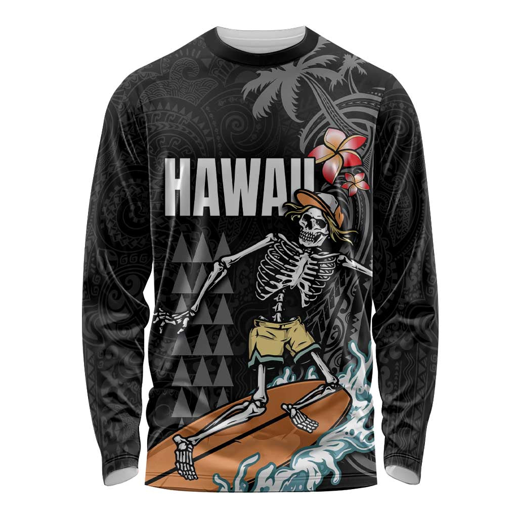 Hawaiian Halloween Skeleton Surfing Long Sleeve Shirt Polynesian Tribal Tattoo and Hawaiian Pattern