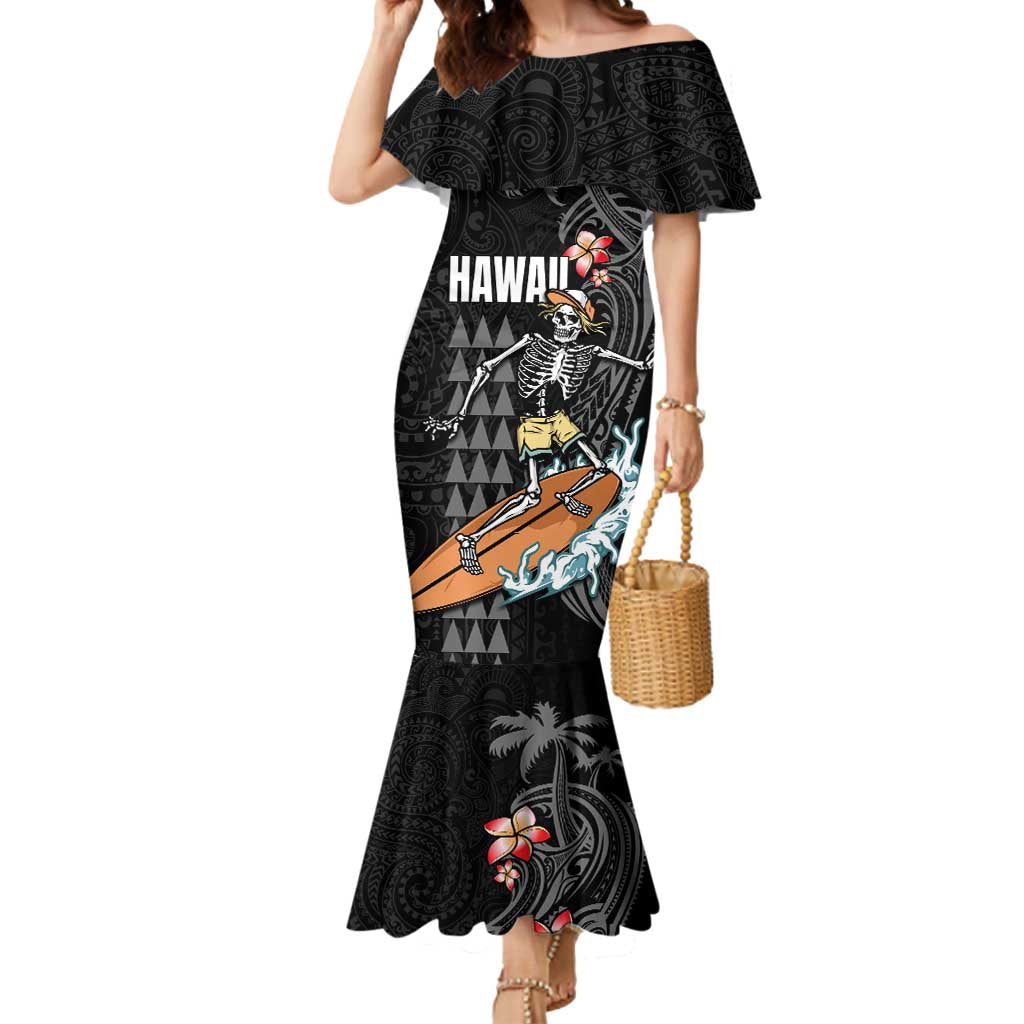 Hawaiian Halloween Skeleton Surfing Mermaid Dress Polynesian Tribal Tattoo and Hawaiian Pattern