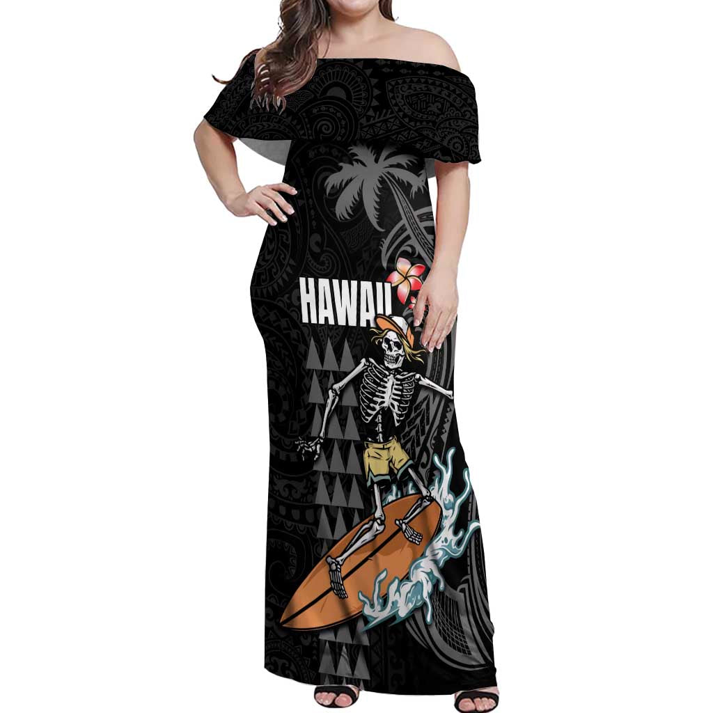 Hawaiian Halloween Skeleton Surfing Off Shoulder Maxi Dress Polynesian Tribal Tattoo and Hawaiian Pattern LT03 Women Black - Polynesian Pride