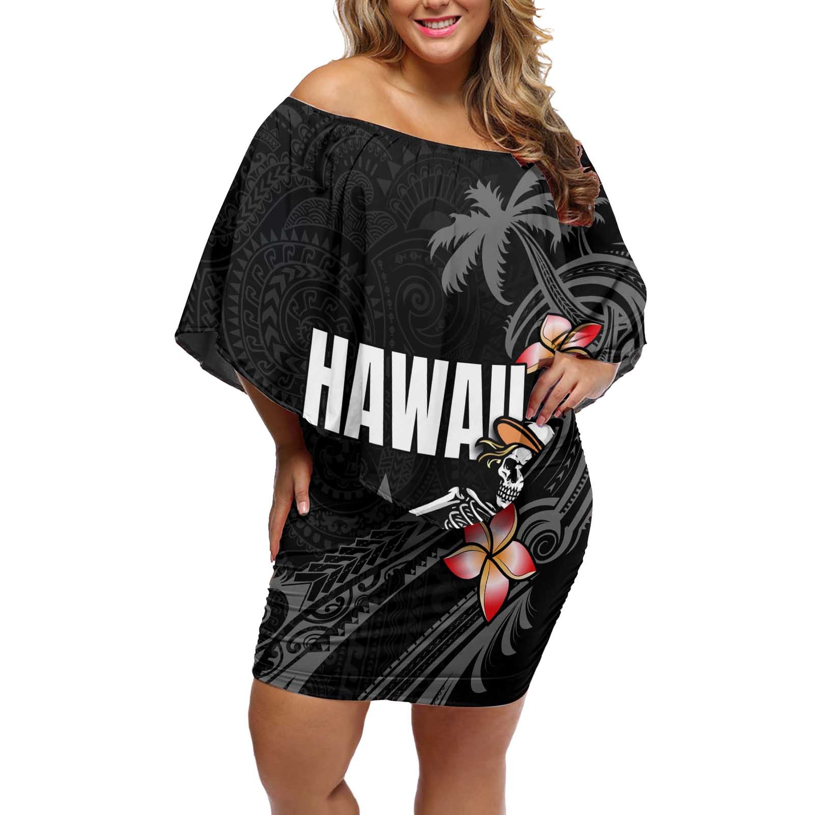 Hawaiian Halloween Skeleton Surfing Off Shoulder Short Dress Polynesian Tribal Tattoo and Hawaiian Pattern LT03 Women Black - Polynesian Pride