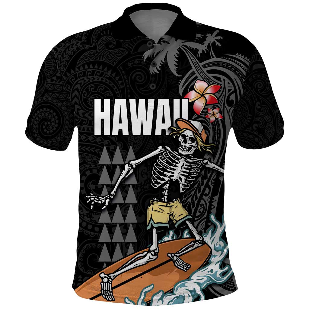 Hawaiian Halloween Skeleton Surfing Polo Shirt Polynesian Tribal Tattoo and Hawaiian Pattern