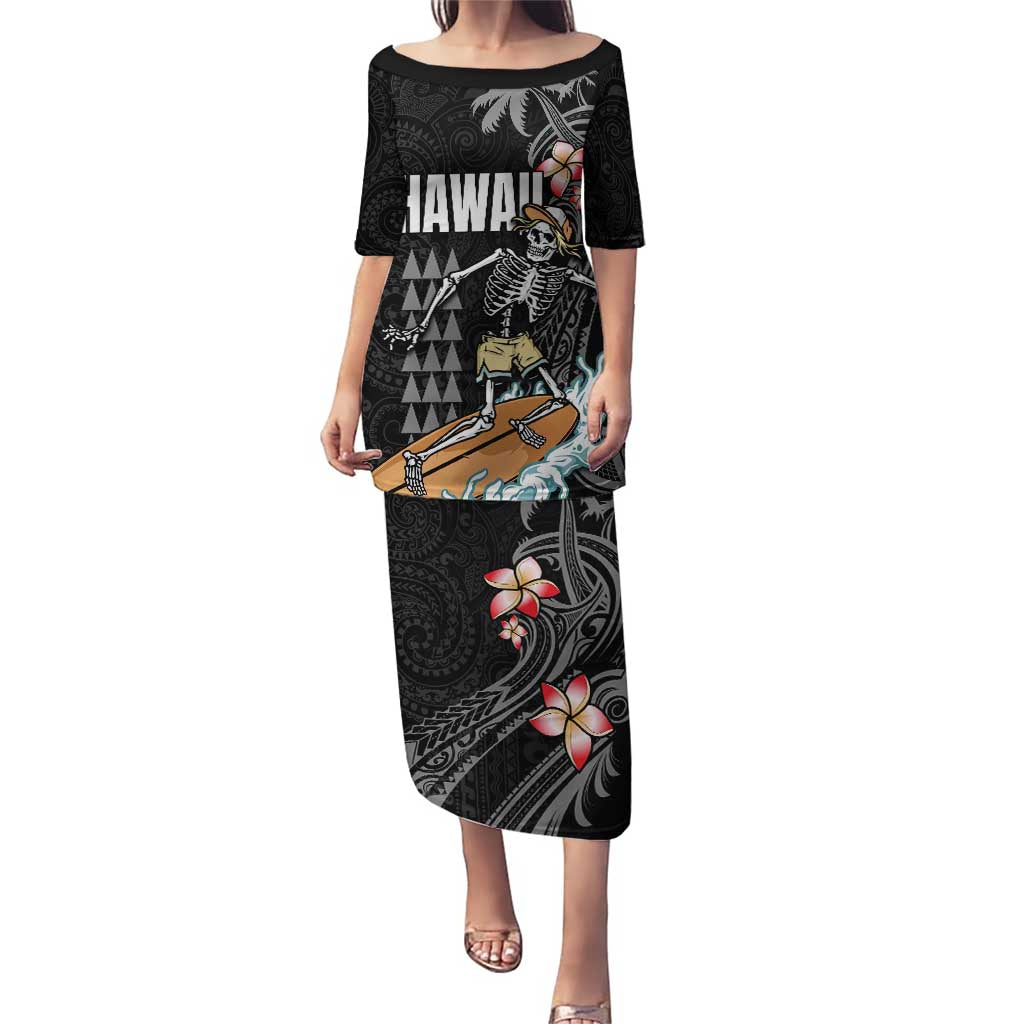 Hawaiian Halloween Skeleton Surfing Puletasi Polynesian Tribal Tattoo and Hawaiian Pattern LT03 Long Dress Black - Polynesian Pride