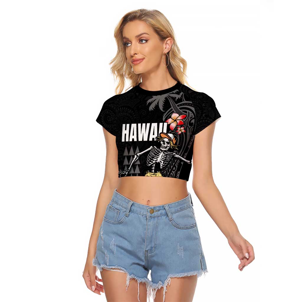 Hawaiian Halloween Skeleton Surfing Raglan Cropped T Shirt Polynesian Tribal Tattoo and Hawaiian Pattern LT03 Female Black - Polynesian Pride