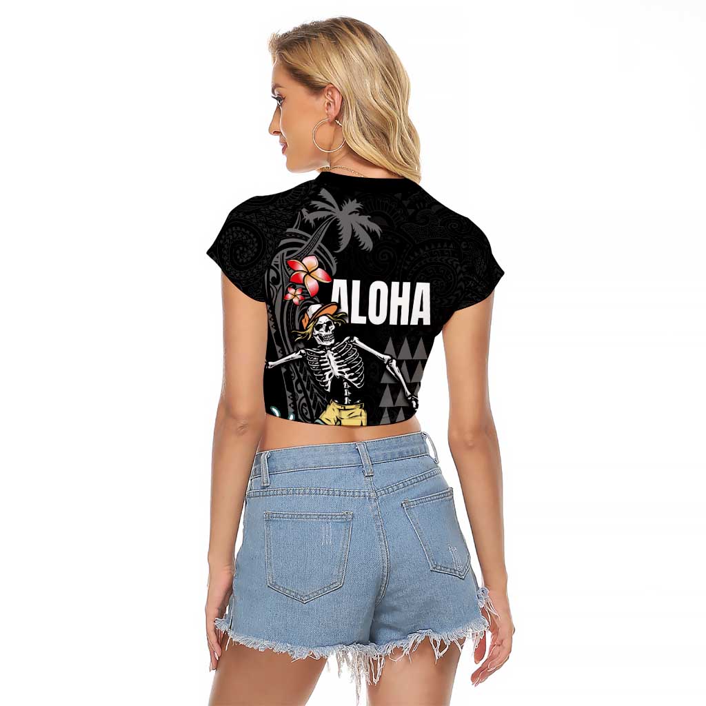 Hawaiian Halloween Skeleton Surfing Raglan Cropped T Shirt Polynesian Tribal Tattoo and Hawaiian Pattern
