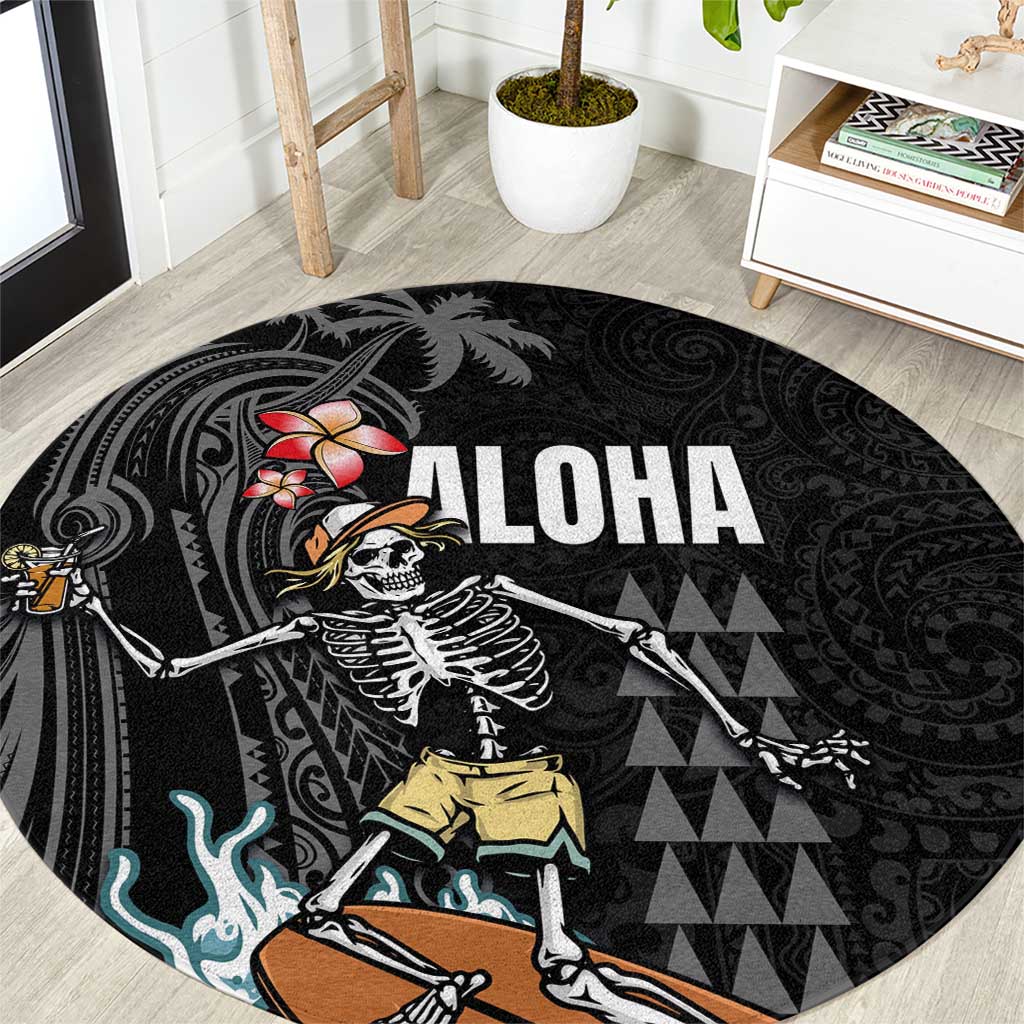 Hawaiian Halloween Skeleton Surfing Round Carpet Polynesian Tribal Tattoo and Hawaiian Pattern