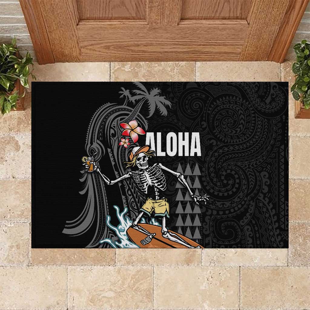 Hawaiian Halloween Skeleton Surfing Rubber Doormat Polynesian Tribal Tattoo and Hawaiian Pattern LT03 Black - Polynesian Pride