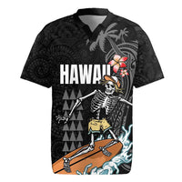 Hawaiian Halloween Skeleton Surfing Rugby Jersey Polynesian Tribal Tattoo and Hawaiian Pattern LT03 Black - Polynesian Pride