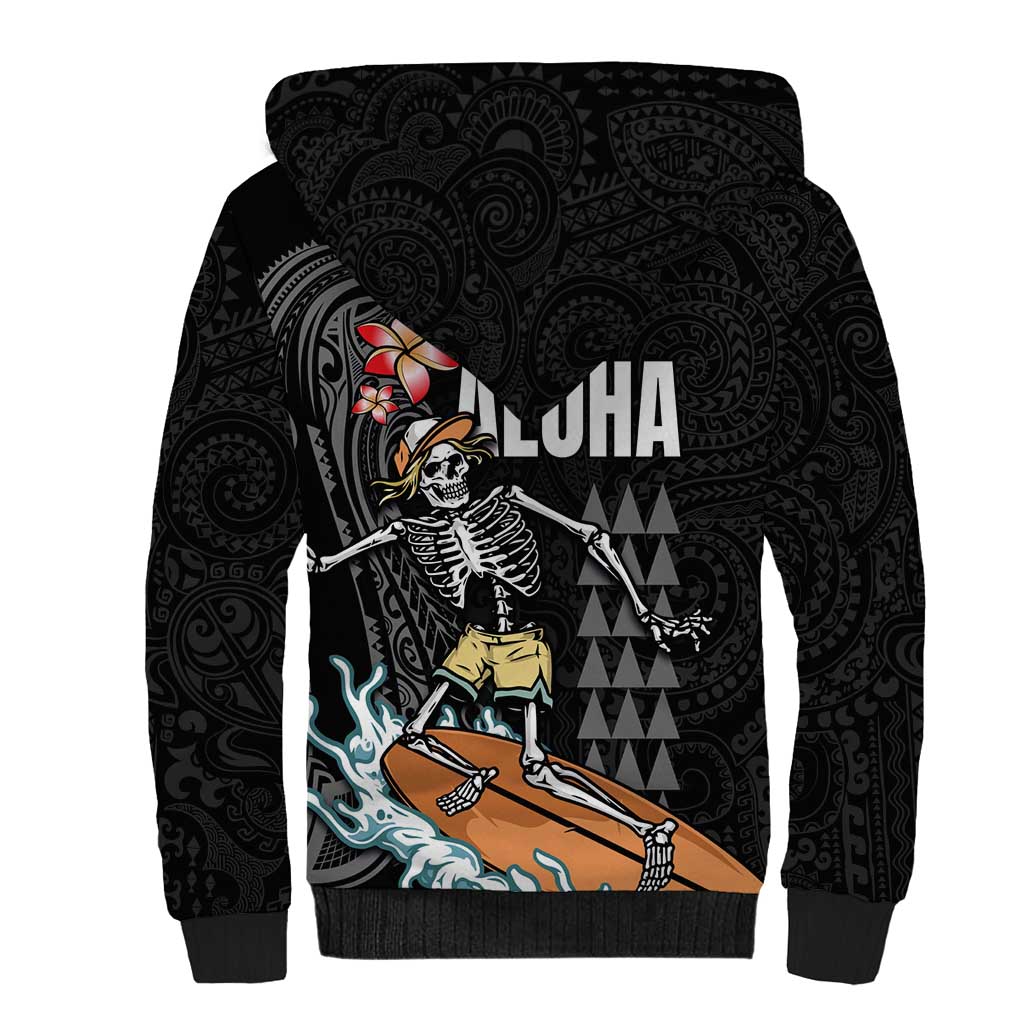 Hawaiian Halloween Skeleton Surfing Sherpa Hoodie Polynesian Tribal Tattoo and Hawaiian Pattern LT03 - Polynesian Pride