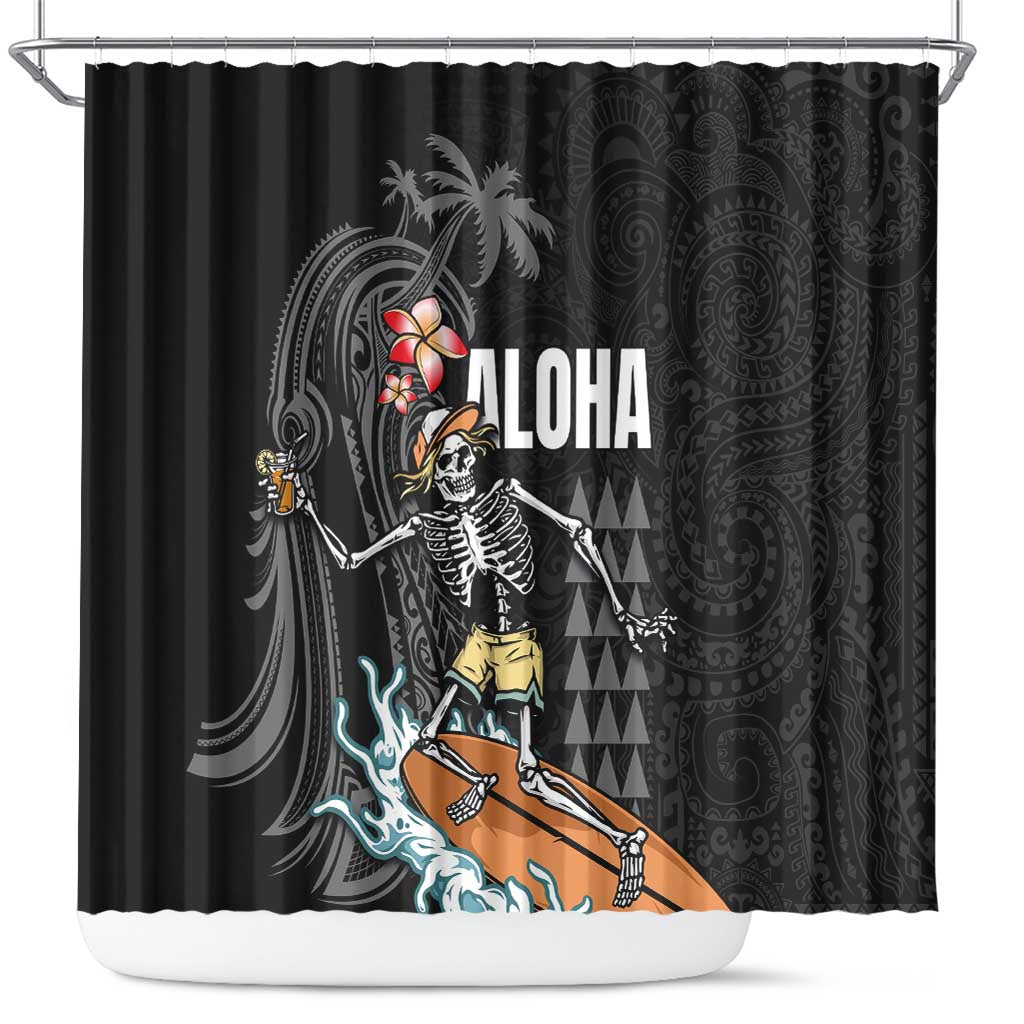 Hawaiian Halloween Skeleton Surfing Shower Curtain Polynesian Tribal Tattoo and Hawaiian Pattern