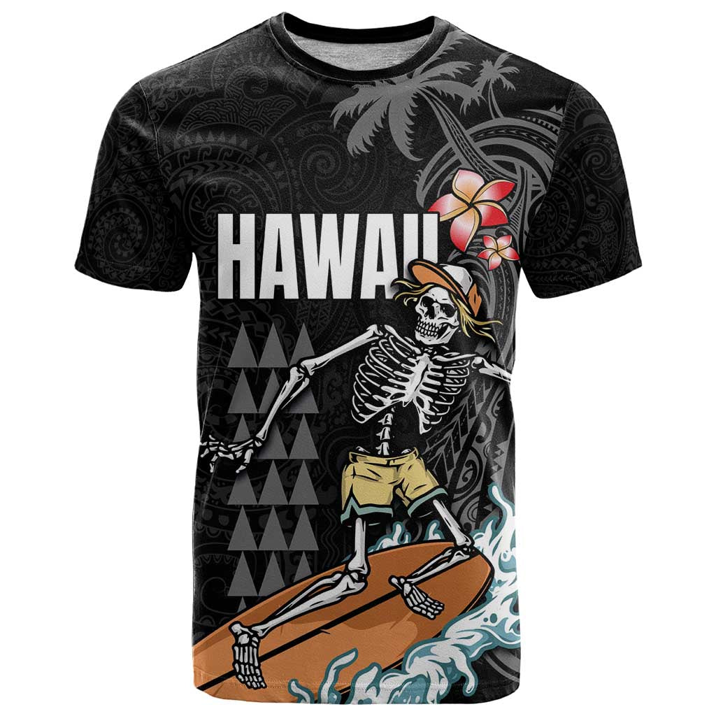 Hawaiian Halloween Skeleton Surfing T Shirt Polynesian Tribal Tattoo and Hawaiian Pattern