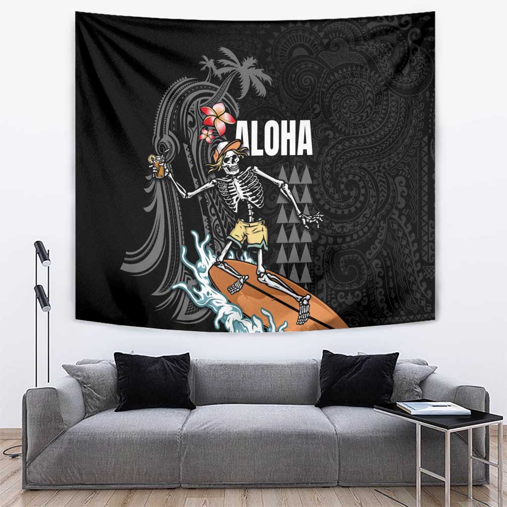 Hawaiian Halloween Skeleton Surfing Tapestry Polynesian Tribal Tattoo and Hawaiian Pattern