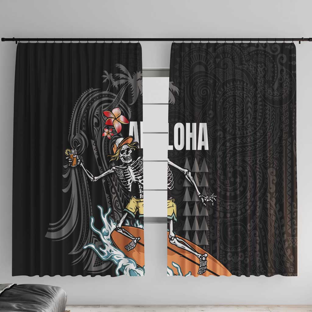 Hawaiian Halloween Skeleton Surfing Window Curtain Polynesian Tribal Tattoo and Hawaiian Pattern LT03 With Hooks Black - Polynesian Pride