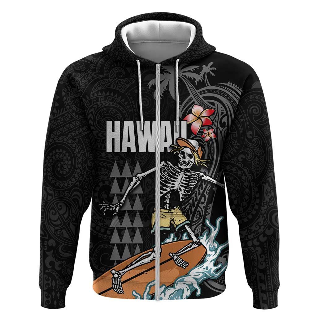 Hawaiian Halloween Skeleton Surfing Zip Hoodie Polynesian Tribal Tattoo and Hawaiian Pattern