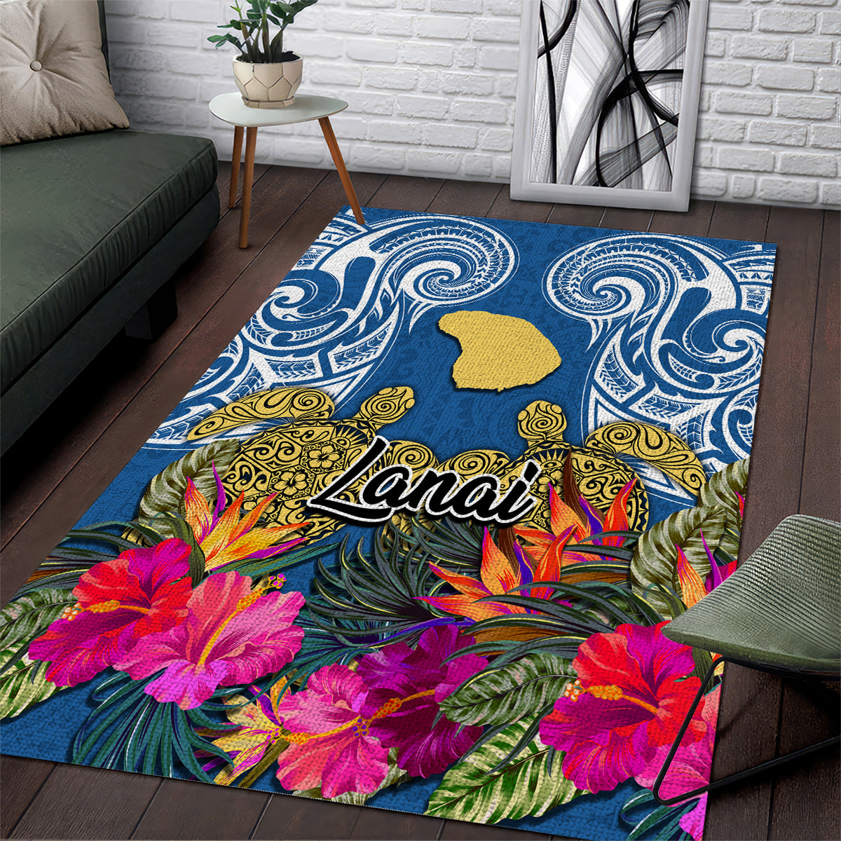 Hawaii Lanai Island Area Rug Hibiscus Turle and Map with Polynesian Spiral LT03 Blue - Polynesian Pride