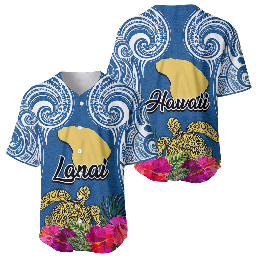 Hawaii Lanai Island Baseball Jersey Hibiscus Turle and Map with Polynesian Spiral LT03 - Polynesian Pride