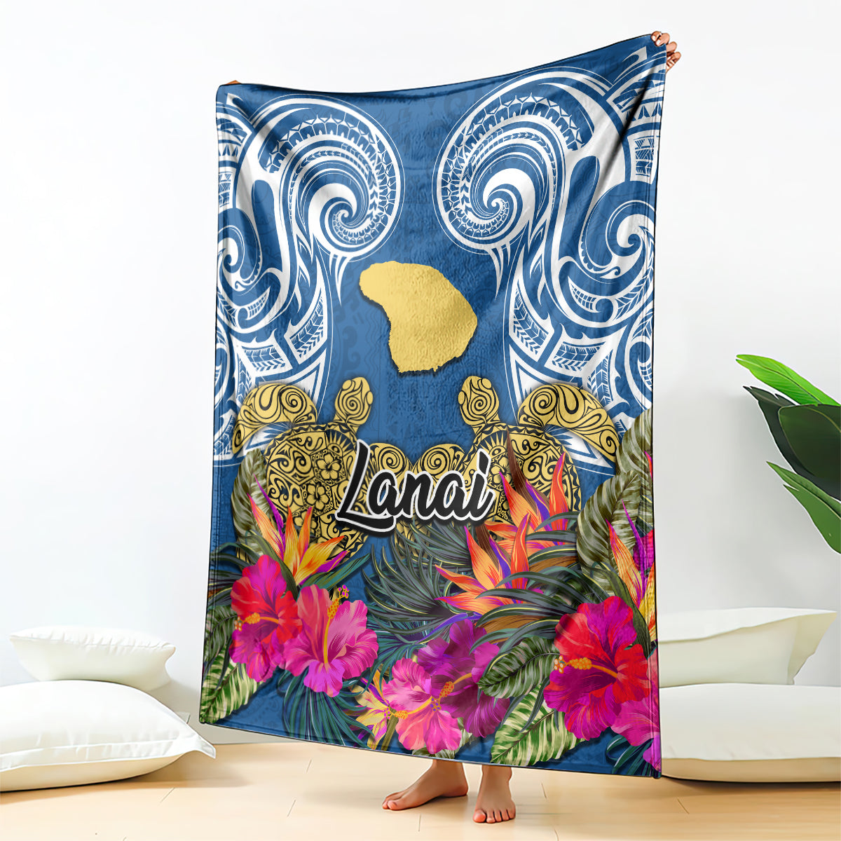 Hawaii Lanai Island Blanket Hibiscus Turle and Map with Polynesian Spiral LT03 Blue - Polynesian Pride