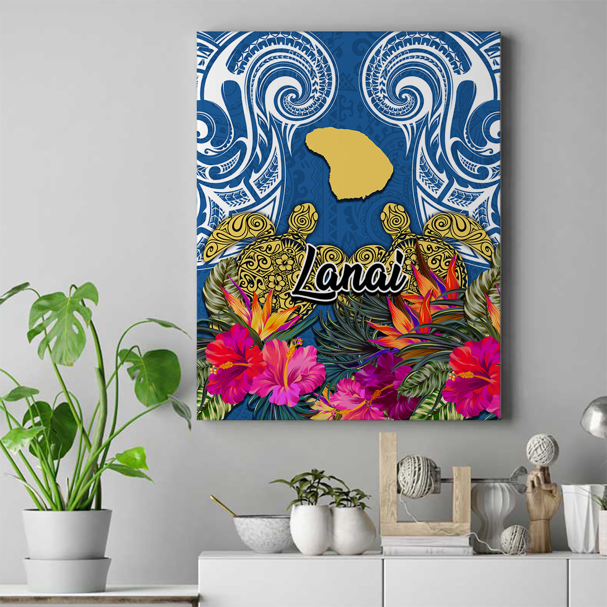 Hawaii Lanai Island Canvas Wall Art Hibiscus Turle and Map with Polynesian Spiral LT03 Blue - Polynesian Pride