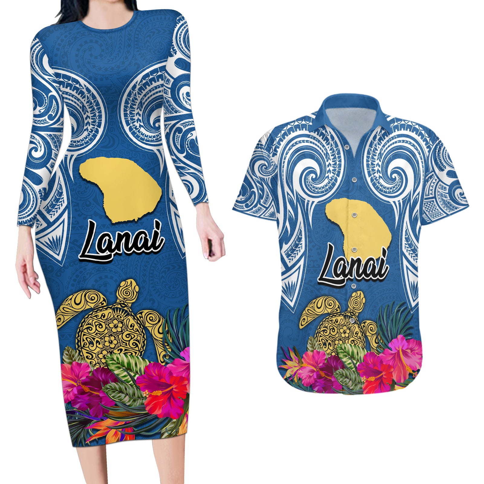 Hawaii Lanai Island Couples Matching Long Sleeve Bodycon Dress and Hawaiian Shirt Hibiscus Turle and Map with Polynesian Spiral LT03 Blue - Polynesian Pride