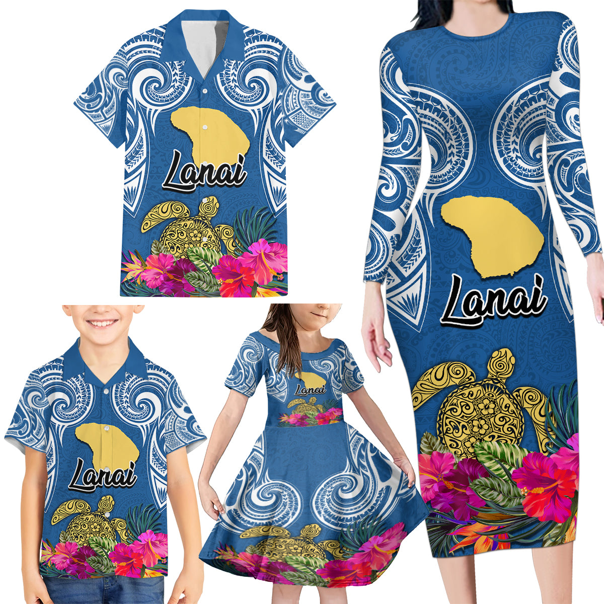 Hawaii Lanai Island Family Matching Long Sleeve Bodycon Dress and Hawaiian Shirt Hibiscus Turle and Map with Polynesian Spiral LT03 - Polynesian Pride