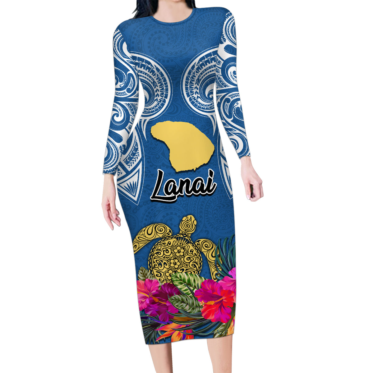 Hawaii Lanai Island Long Sleeve Bodycon Dress Hibiscus Turle and Map with Polynesian Spiral LT03 Long Dress Blue - Polynesian Pride