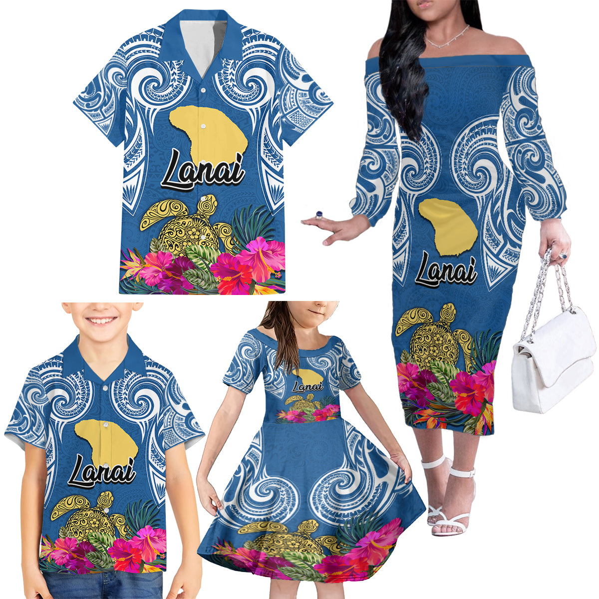 Hawaii Lanai Island Family Matching Off Shoulder Long Sleeve Dress and Hawaiian Shirt Hibiscus Turle and Map with Polynesian Spiral LT03 - Polynesian Pride