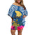 Hawaii Lanai Island Family Matching Off Shoulder Short Dress and Hawaiian Shirt Hibiscus Turle and Map with Polynesian Spiral LT03 Mom's Dress Blue - Polynesian Pride