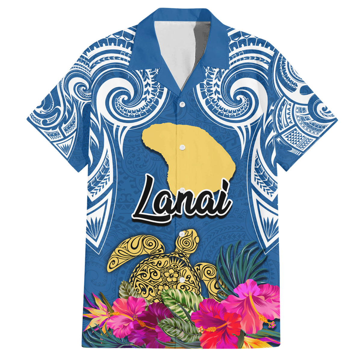 Hawaii Lanai Island Family Matching Short Sleeve Bodycon Dress and Hawaiian Shirt Hibiscus Turle and Map with Polynesian Spiral LT03 Dad's Shirt - Short Sleeve Blue - Polynesian Pride
