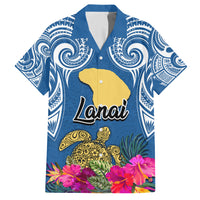 Hawaii Lanai Island Family Matching Off Shoulder Short Dress and Hawaiian Shirt Hibiscus Turle and Map with Polynesian Spiral LT03 Dad's Shirt - Short Sleeve Blue - Polynesian Pride