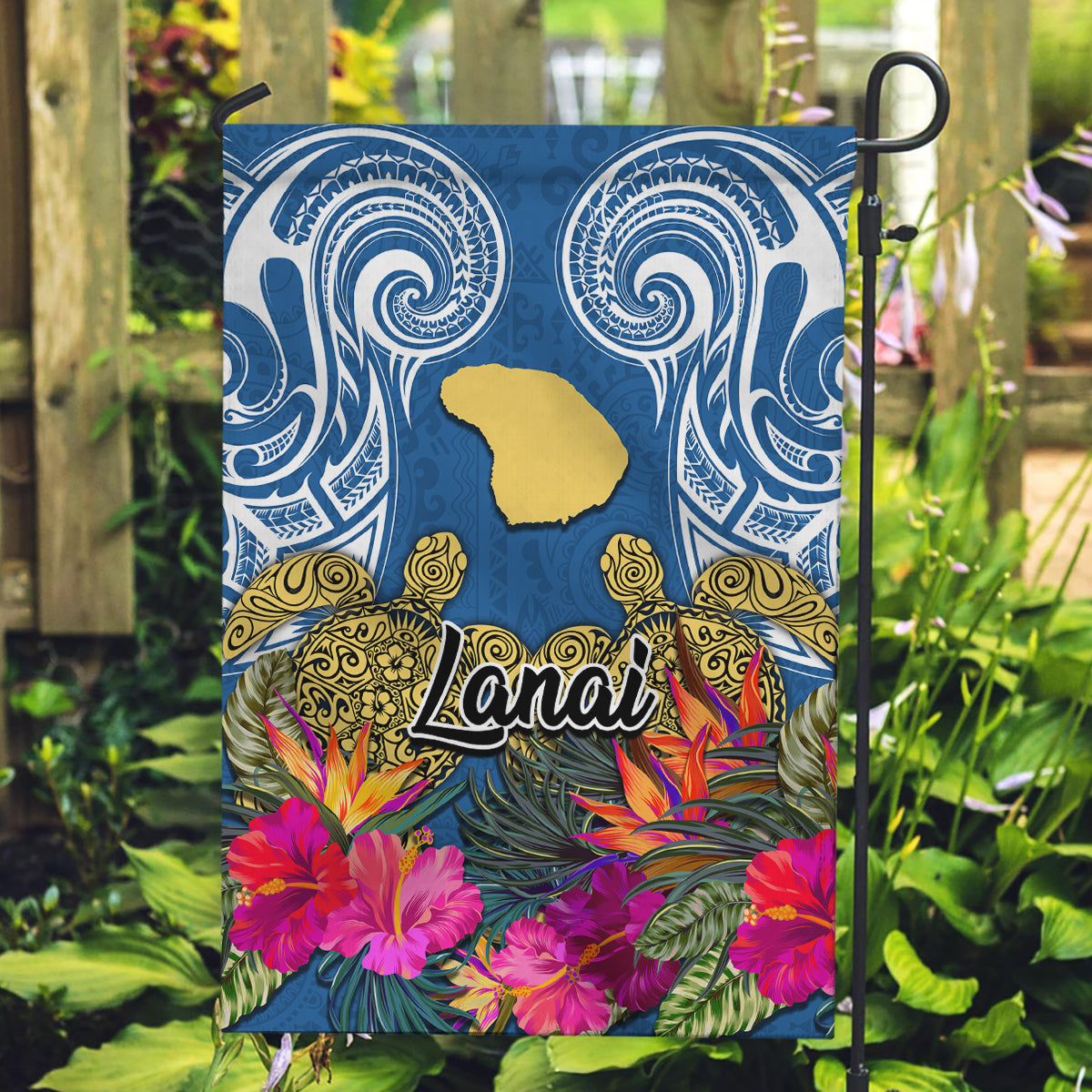 Hawaii Lanai Island Garden Flag Hibiscus Turle and Map with Polynesian Spiral LT03 Garden Flag Blue - Polynesian Pride