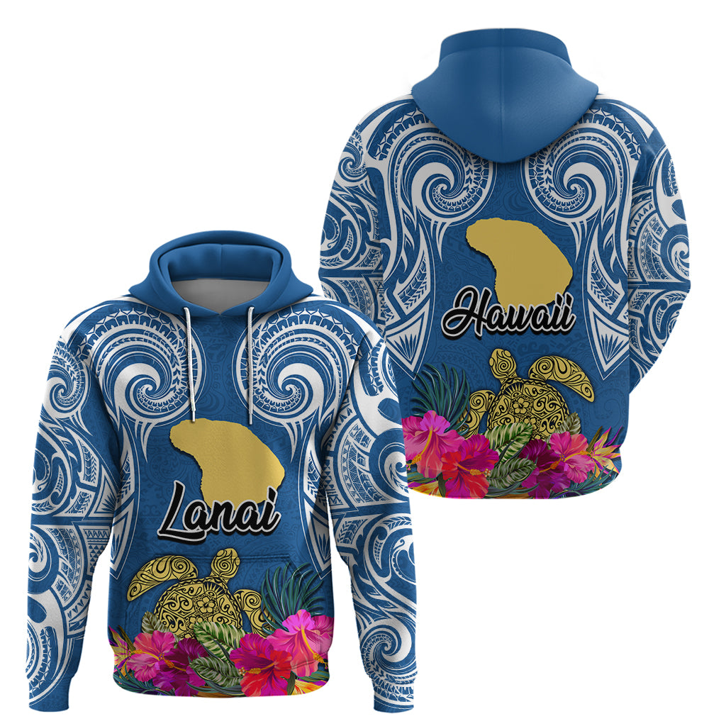 Hawaii Lanai Island Hoodie Hibiscus Turle and Map with Polynesian Spiral LT03 - Polynesian Pride