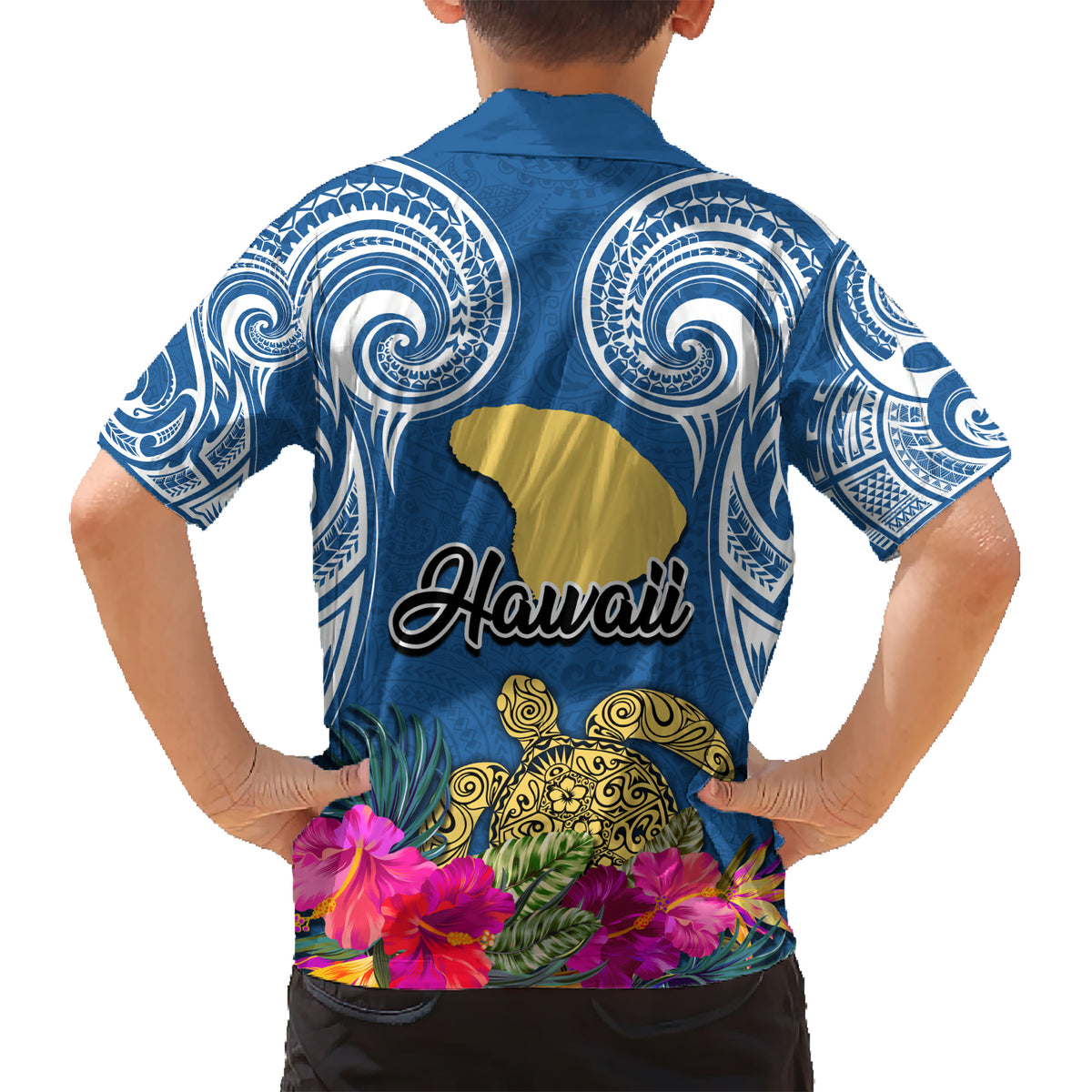 Hawaii Lanai Island Kid Hawaiian Shirt Hibiscus Turle and Map with Polynesian Spiral LT03 - Polynesian Pride