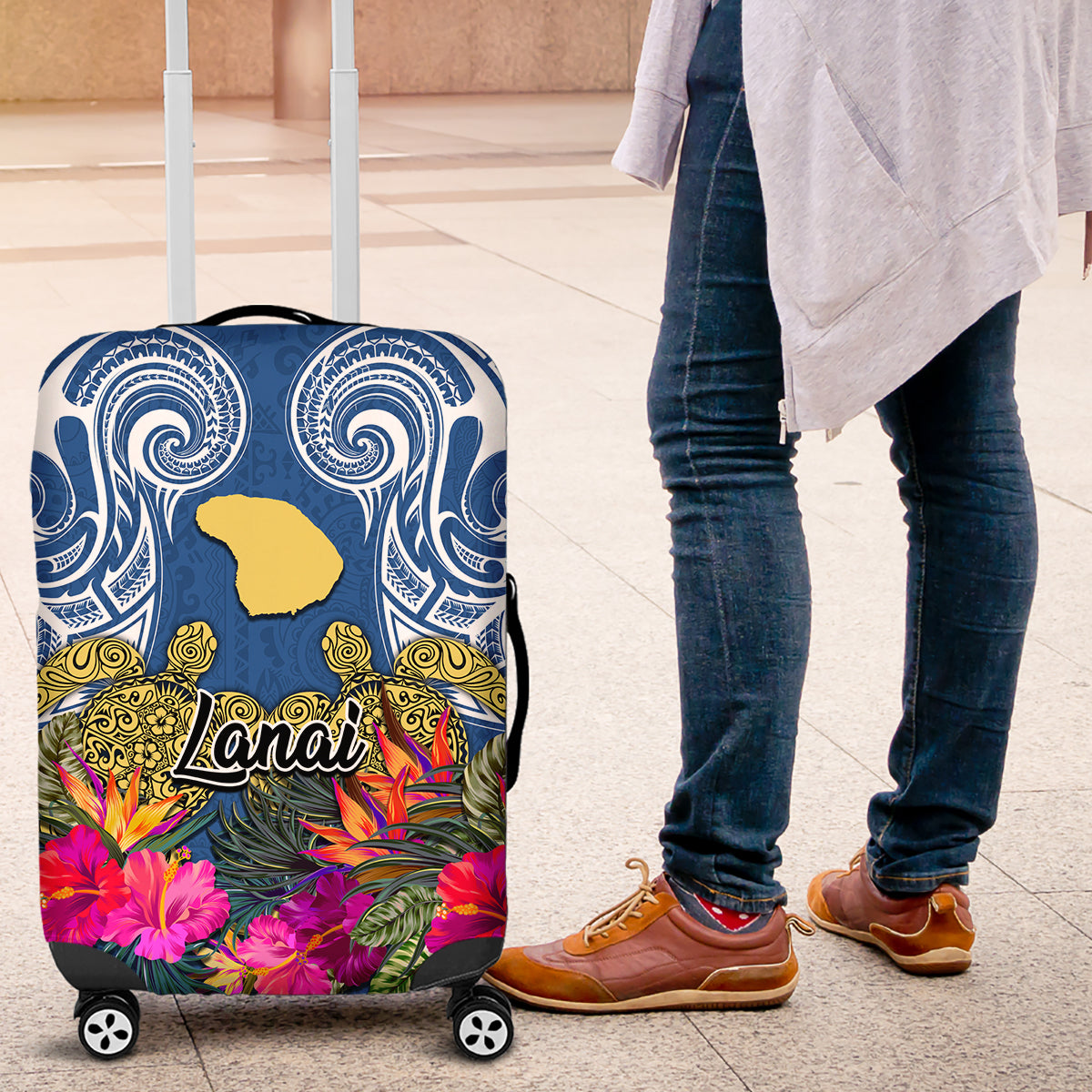 Hawaii Lanai Island Luggage Cover Hibiscus Turle and Map with Polynesian Spiral LT03 Blue - Polynesian Pride