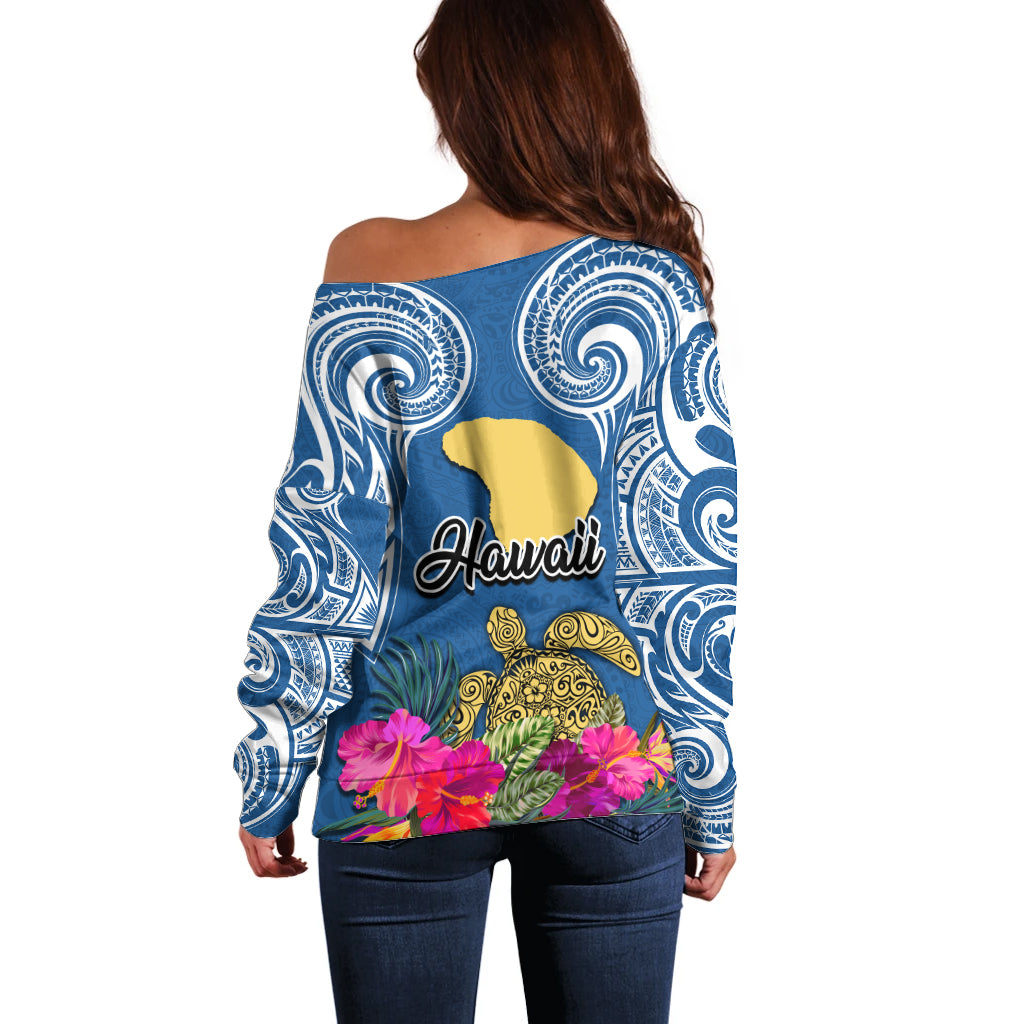 Hawaii Lanai Island Off Shoulder Sweater Hibiscus Turle and Map with Polynesian Spiral LT03 - Polynesian Pride