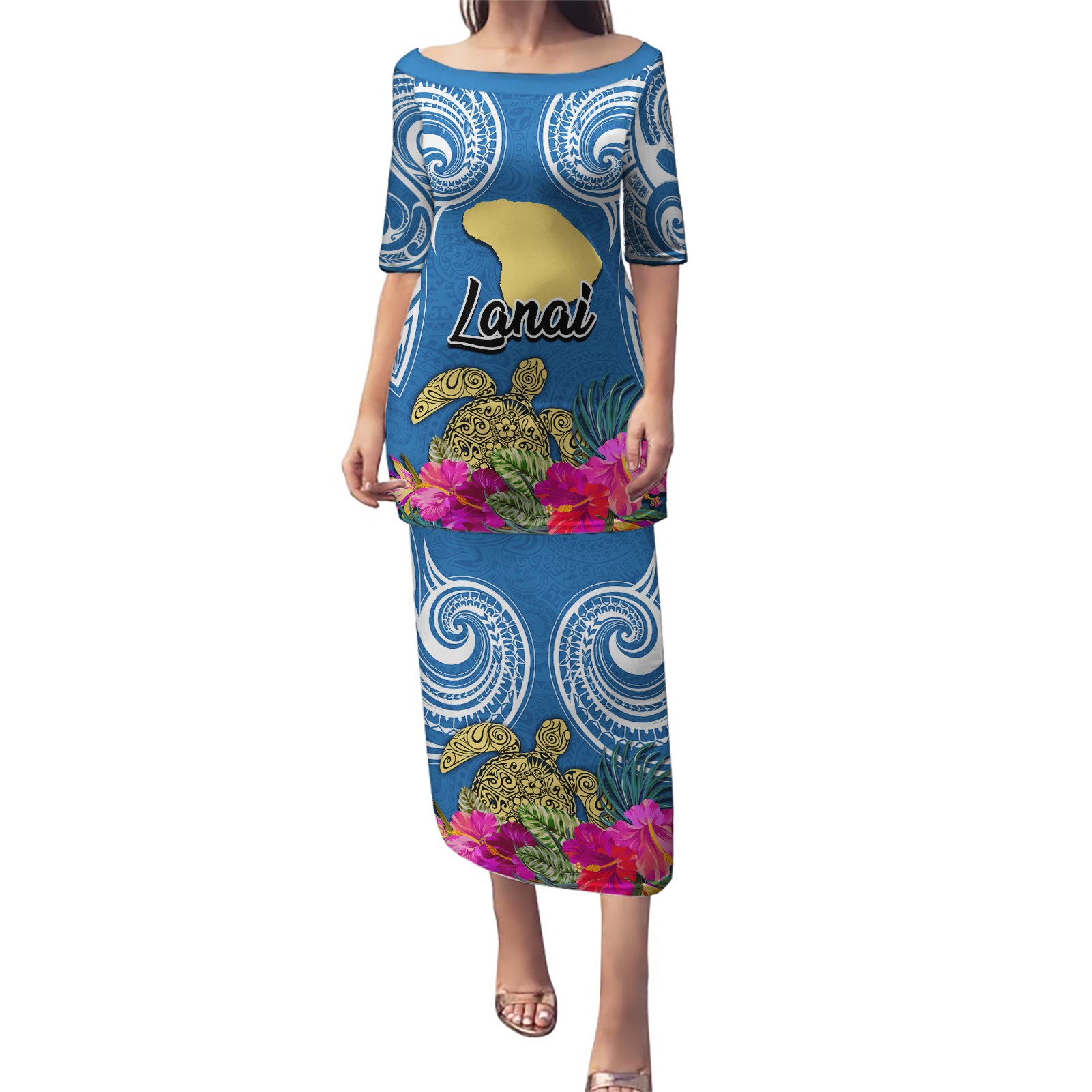 Hawaii Lanai Island Puletasi Hibiscus Turle and Map with Polynesian Spiral LT03 Long Dress Blue - Polynesian Pride