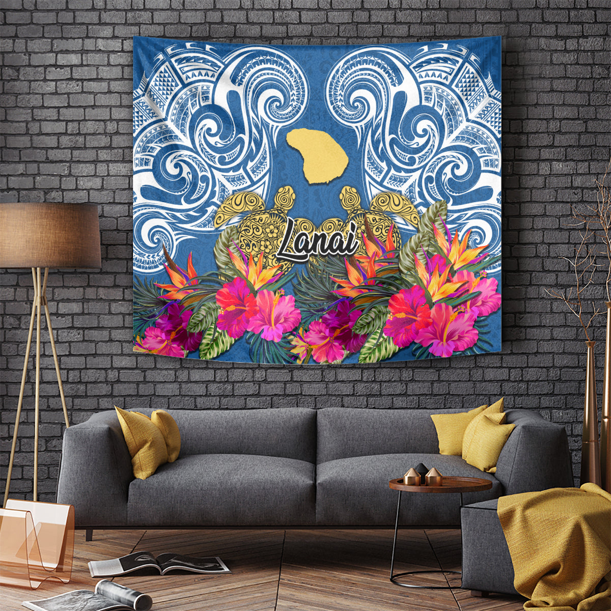 Hawaii Lanai Island Tapestry Hibiscus Turle and Map with Polynesian Spiral LT03 Blue - Polynesian Pride