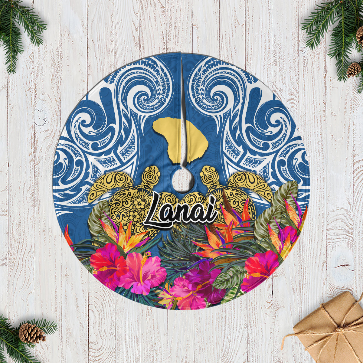 Hawaii Lanai Island Tree Skirt Hibiscus Turle and Map with Polynesian Spiral LT03 Blue - Polynesian Pride