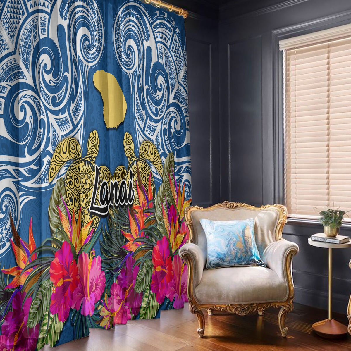 Hawaii Lanai Island Window Curtain Hibiscus Turle and Map with Polynesian Spiral LT03 With Hooks Blue - Polynesian Pride