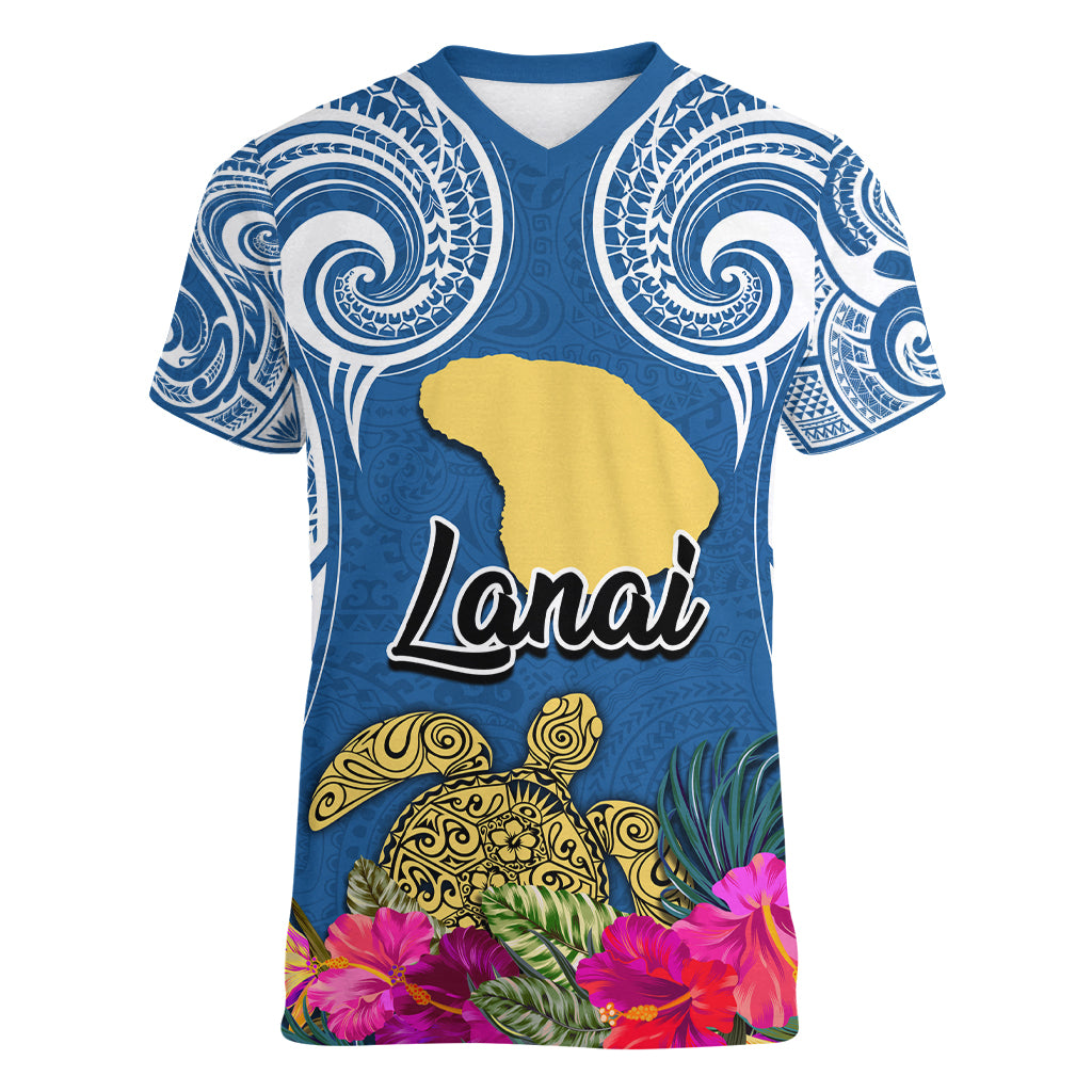 Hawaii Lanai Island Women V Neck T Shirt Hibiscus Turle and Map with Polynesian Spiral LT03 Female Blue - Polynesian Pride
