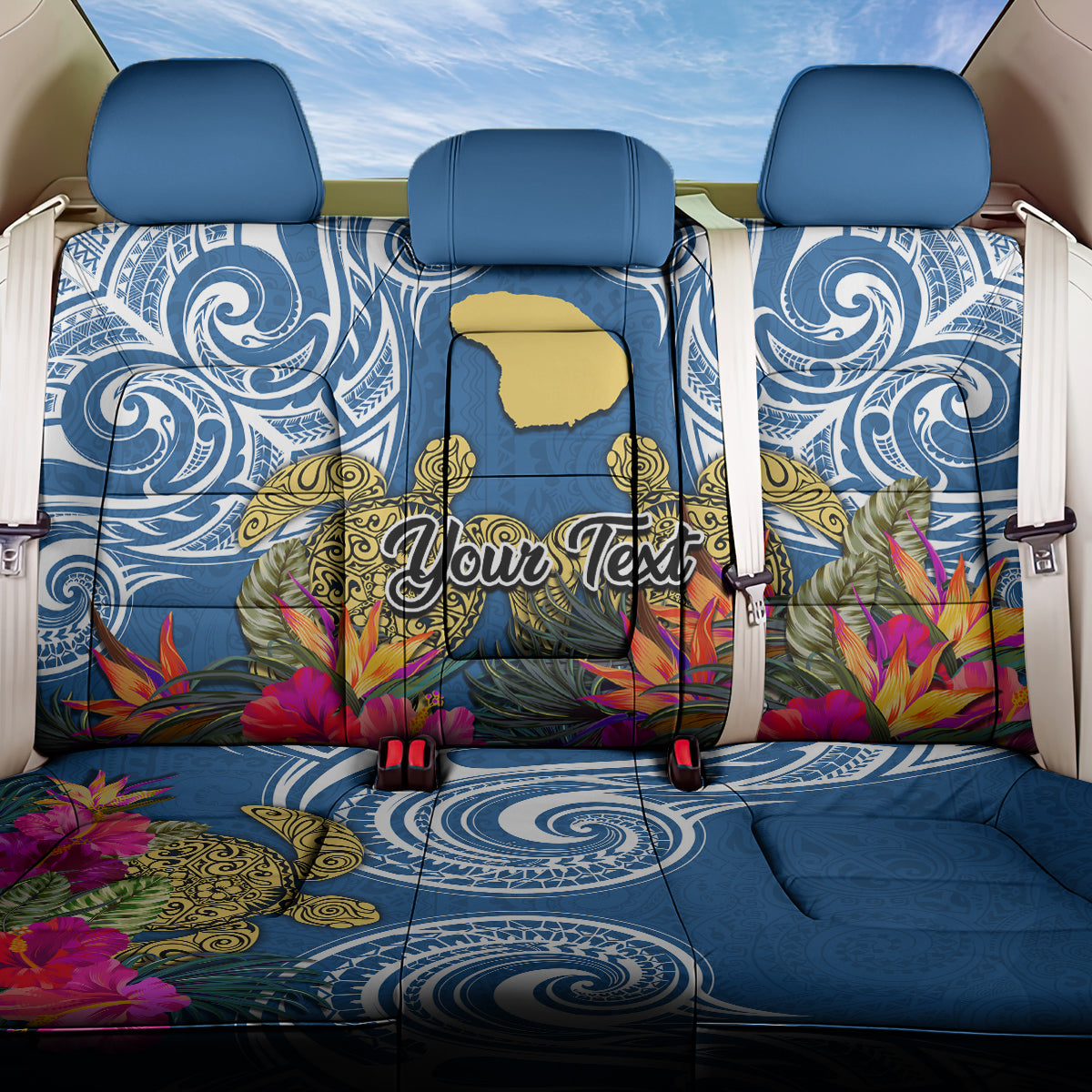 Custom Hawaii Lanai Island Back Car Seat Cover Hibiscus Turle and Map with Polynesian Spiral