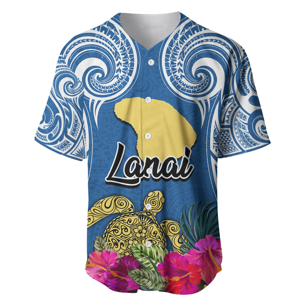 Custom Hawaii Lanai Island Baseball Jersey Hibiscus Turle and Map with Polynesian Spiral LT03 Blue - Polynesian Pride