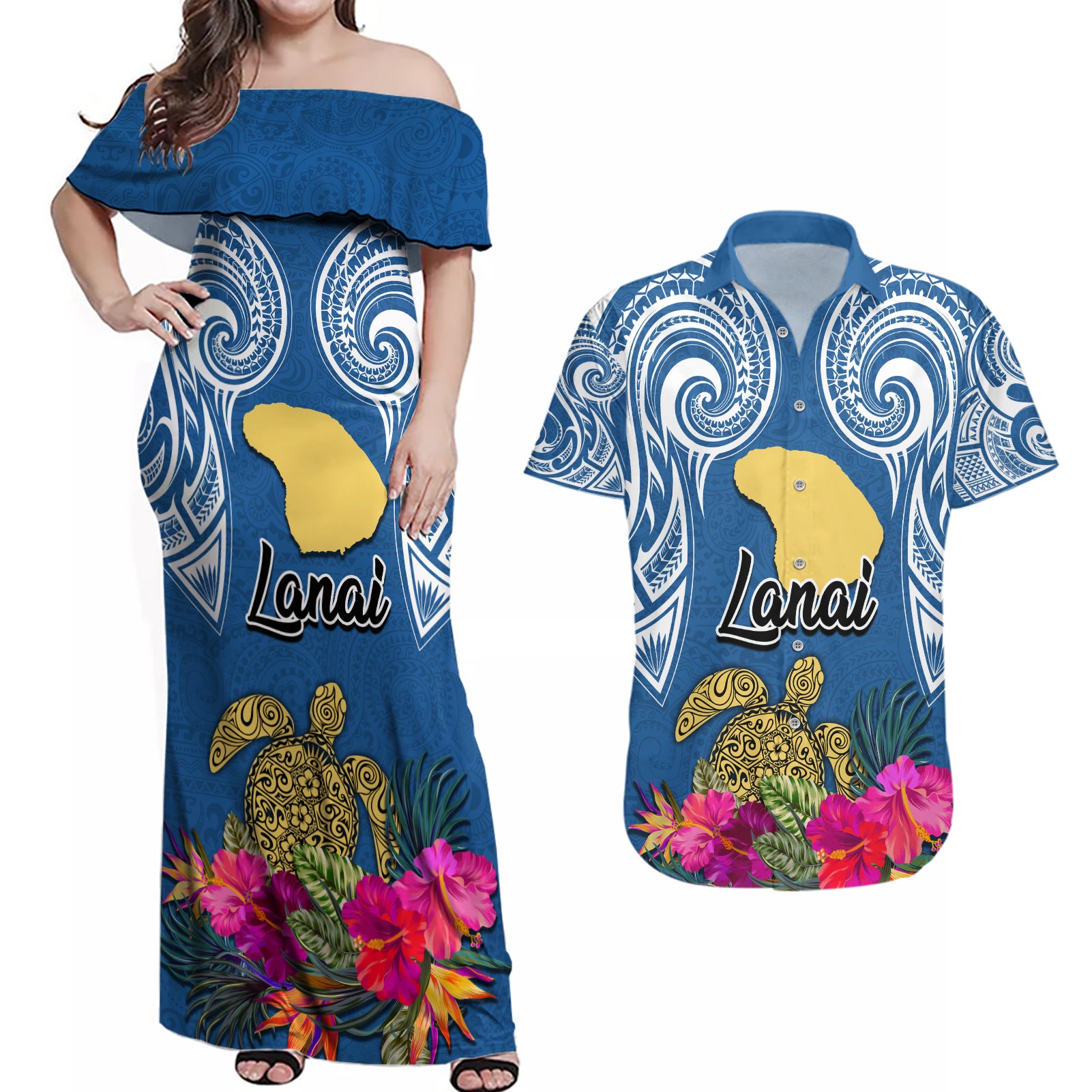 Custom Hawaii Lanai Island Couples Matching Off Shoulder Maxi Dress and Hawaiian Shirt Hibiscus Turle and Map with Polynesian Spiral LT03 Blue - Polynesian Pride