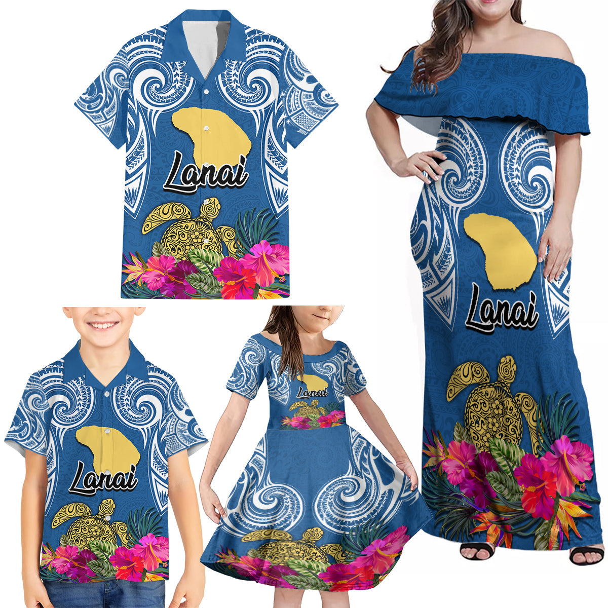 Custom Hawaii Lanai Island Family Matching Off Shoulder Maxi Dress and Hawaiian Shirt Hibiscus Turle and Map with Polynesian Spiral LT03 - Polynesian Pride