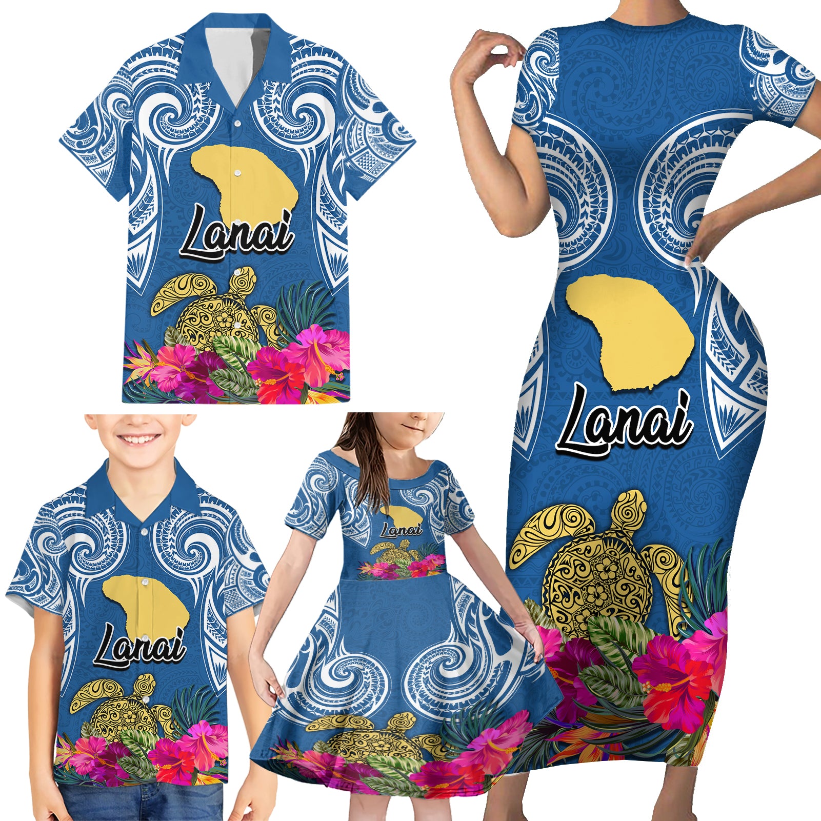 Custom Hawaii Lanai Island Family Matching Short Sleeve Bodycon Dress and Hawaiian Shirt Hibiscus Turle and Map with Polynesian Spiral LT03 - Polynesian Pride