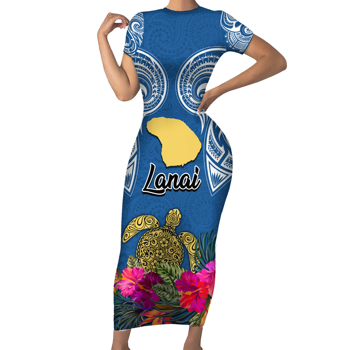 Custom Hawaii Lanai Island Family Matching Short Sleeve Bodycon Dress and Hawaiian Shirt Hibiscus Turle and Map with Polynesian Spiral LT03 Mom's Dress Blue - Polynesian Pride