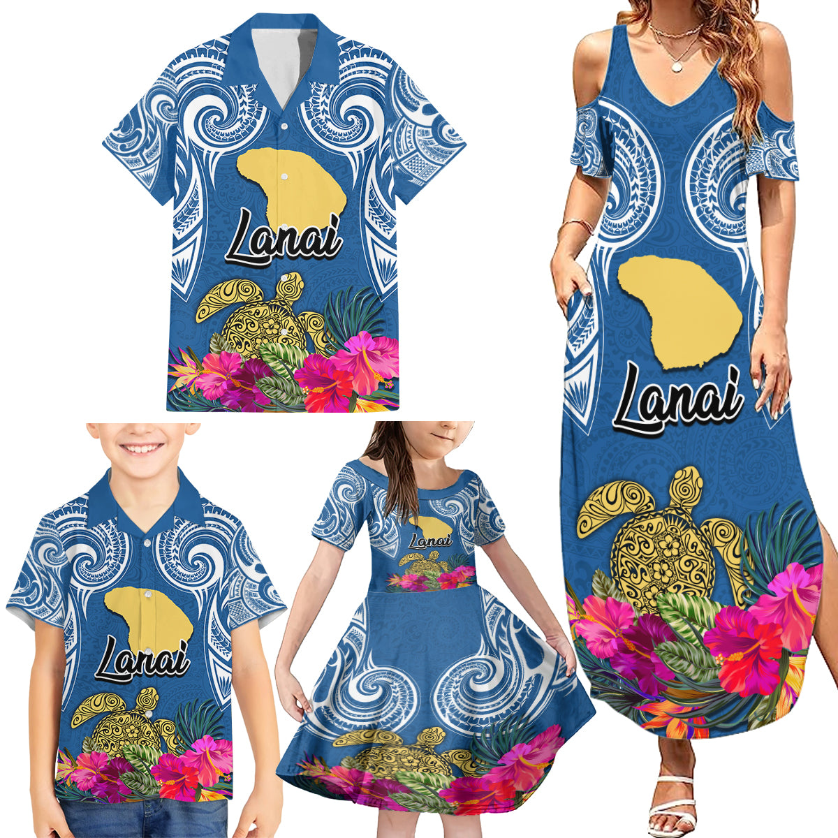 Custom Hawaii Lanai Island Family Matching Summer Maxi Dress and Hawaiian Shirt Hibiscus Turle and Map with Polynesian Spiral LT03 - Polynesian Pride