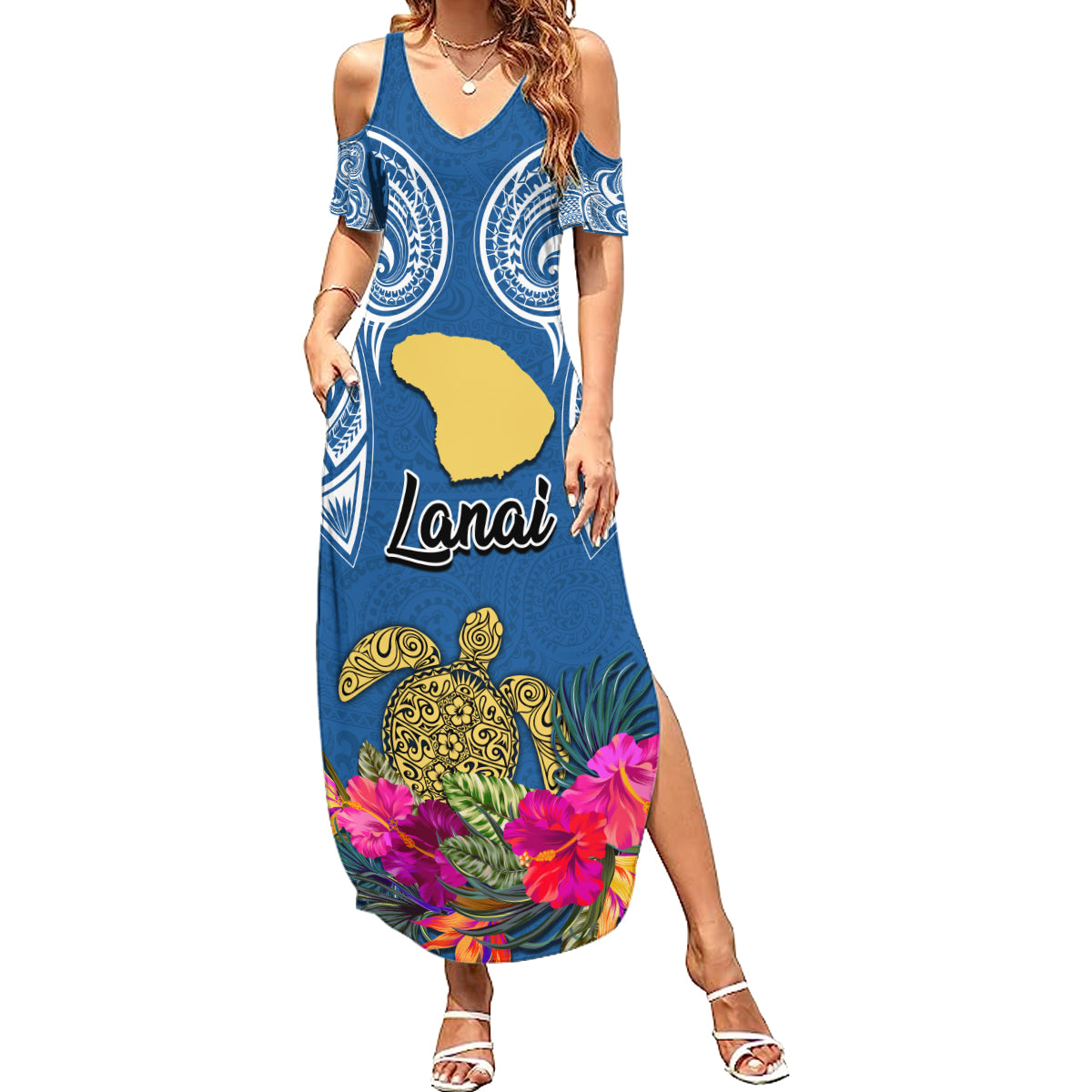 Custom Hawaii Lanai Island Family Matching Summer Maxi Dress and Hawaiian Shirt Hibiscus Turle and Map with Polynesian Spiral LT03 Mom's Dress Blue - Polynesian Pride