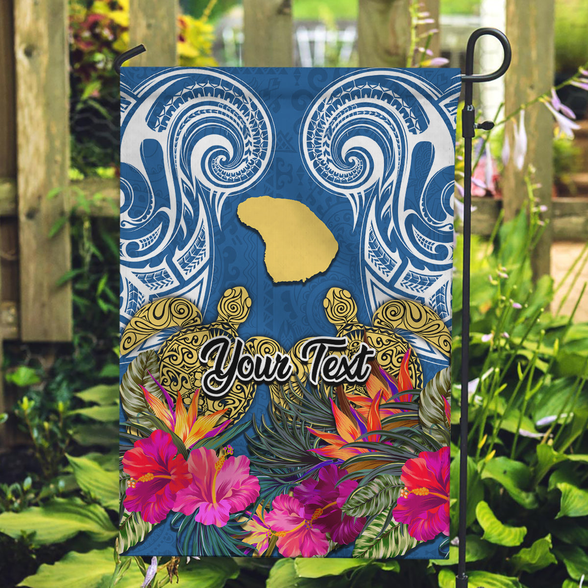 Custom Hawaii Lanai Island Garden Flag Hibiscus Turle and Map with Polynesian Spiral LT03 Garden Flag Blue - Polynesian Pride