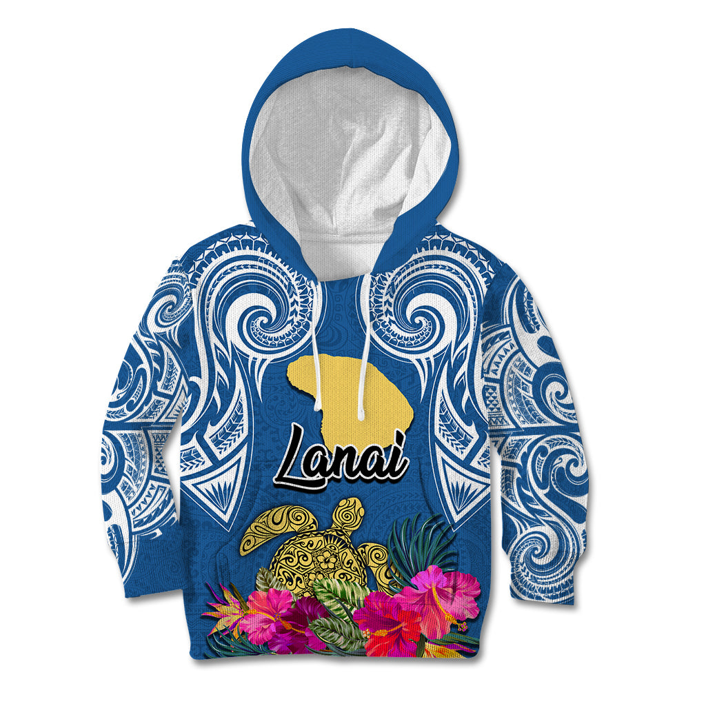 Custom Hawaii Lanai Island Kid Hoodie Hibiscus Turle and Map with Polynesian Spiral LT03 Blue - Polynesian Pride