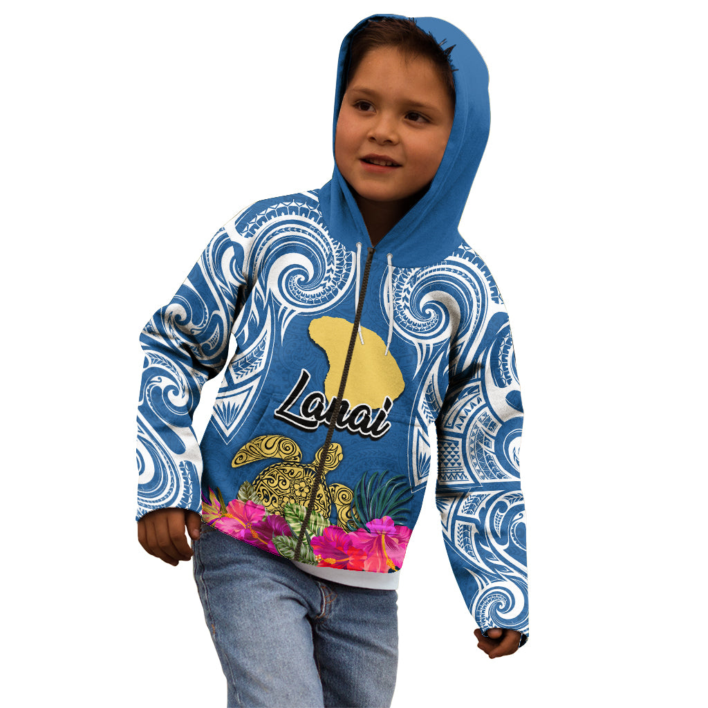 Custom Hawaii Lanai Island Kid Hoodie Hibiscus Turle and Map with Polynesian Spiral LT03 - Polynesian Pride